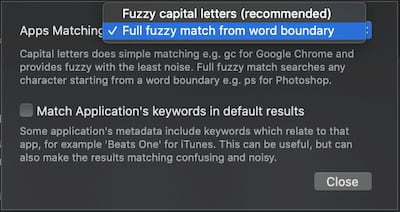 screenshot showing switching the fuzzy match preference