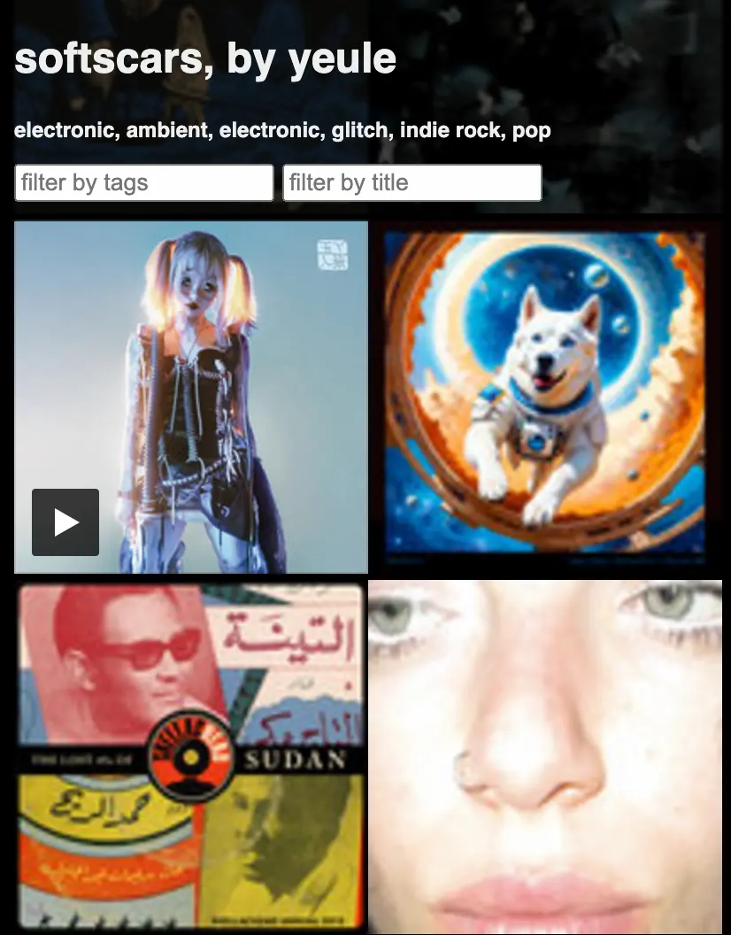 screenshot of the web app. the main body of the app is a grid of album covers. one of those is active with a play button. there's a floating header showing the album title and tags: softscars, by yeule, and the tags: electronic, ambient, glitch, indie rock, pop. it's a great album btw, you should listen to it. also in the floating header are two inputs: filter by tags, filter by title. also, if you're reading this, i'm sorry the app is not more keyboard accessible: everything i can control is, but once the bandcamp embed loads, i can't control anything in there. i hope it works okay.